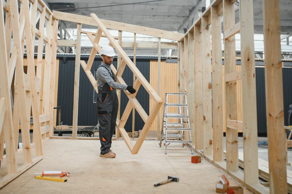 Builder working inside a framed structure, illustrating Restorations Unlimited’s organized and trustworthy construction process focused on planning and precision