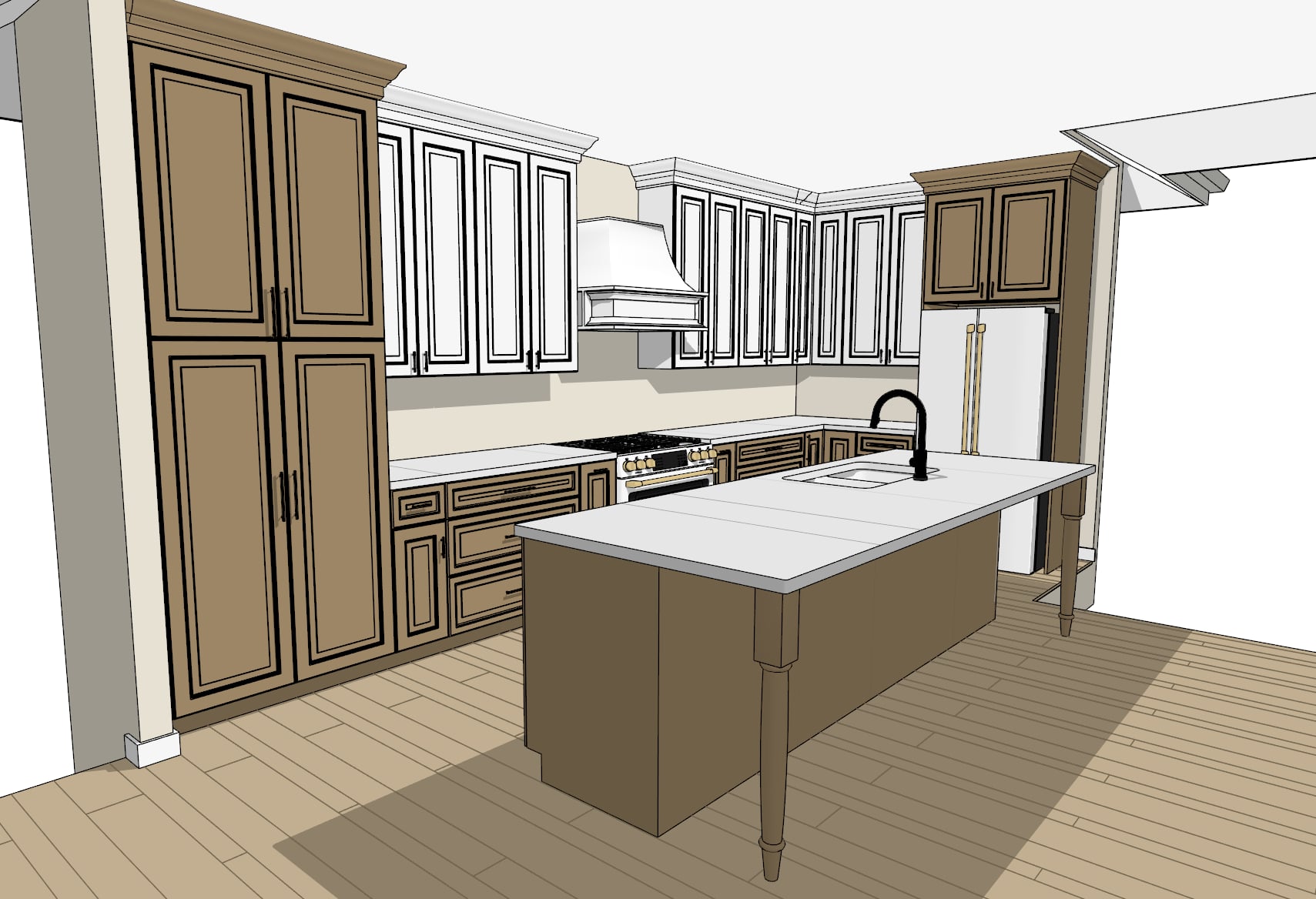 3D CAD rendering of a modern kitchen design in Newport, Maine, representing Restorations Unlimited’s CAD design and drafting services