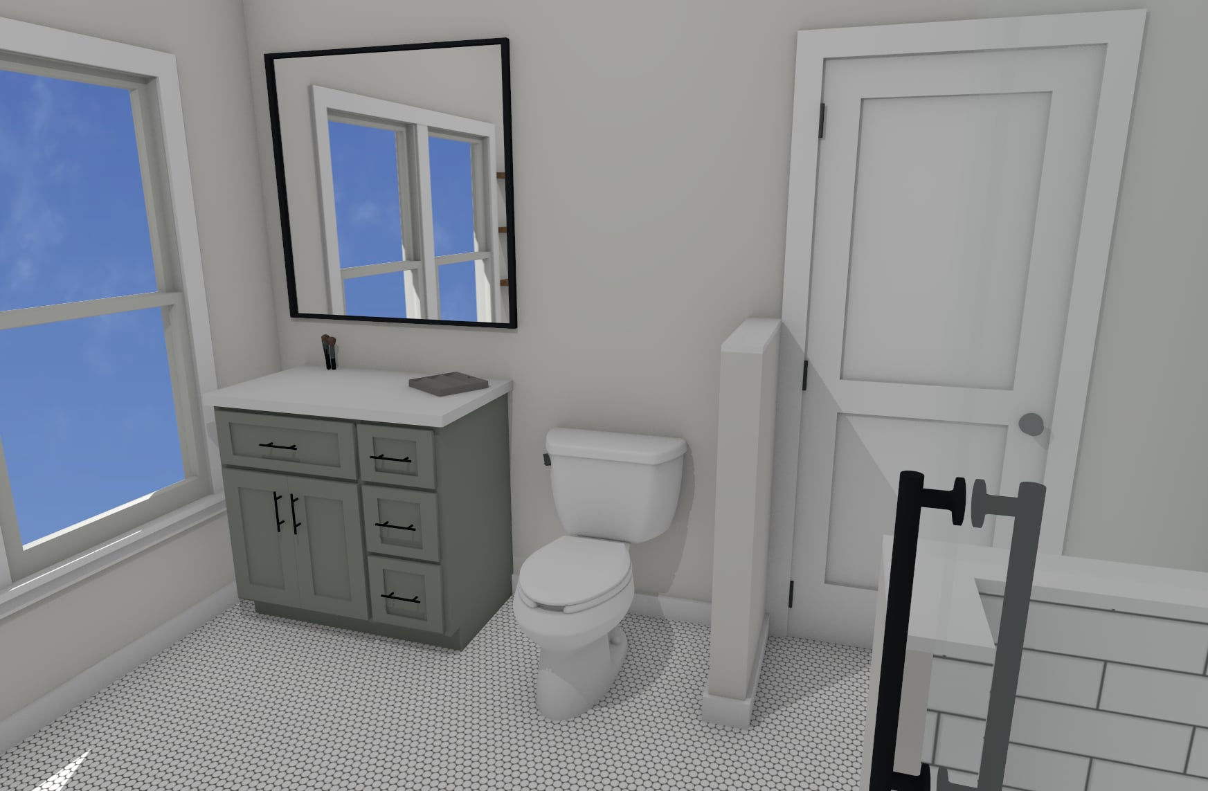 3D CAD rendering of a modern bathroom layout in Northwest Harbor, Maine, representing Restorations Unlimited’s CAD design services