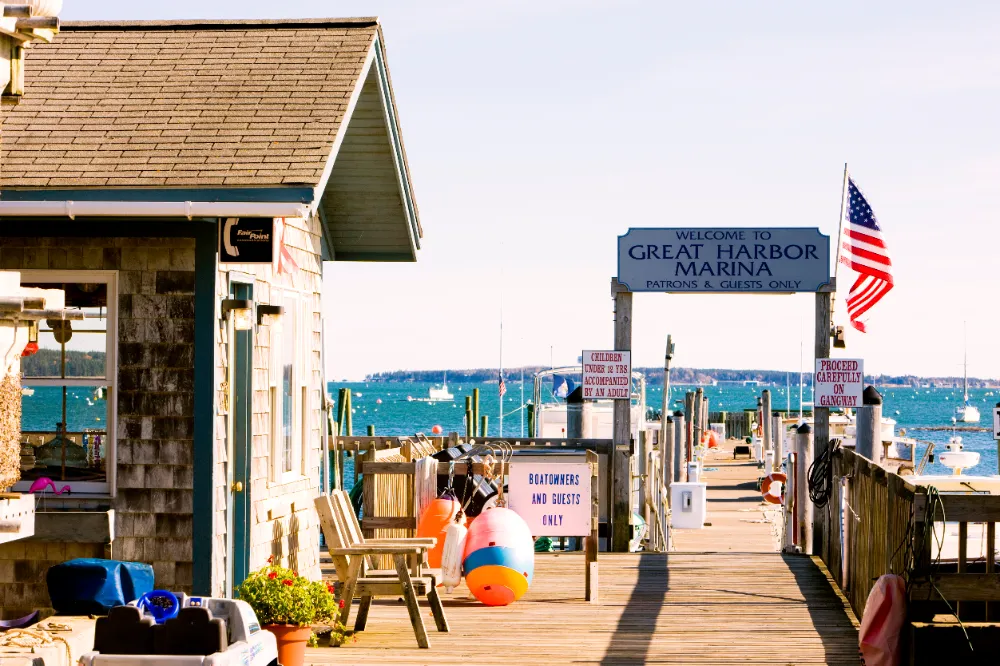 View of Great Harbor Marina in Southwest Harbor, Maine, representing Restorations Unlimited’s roofing services designed for coastal durability