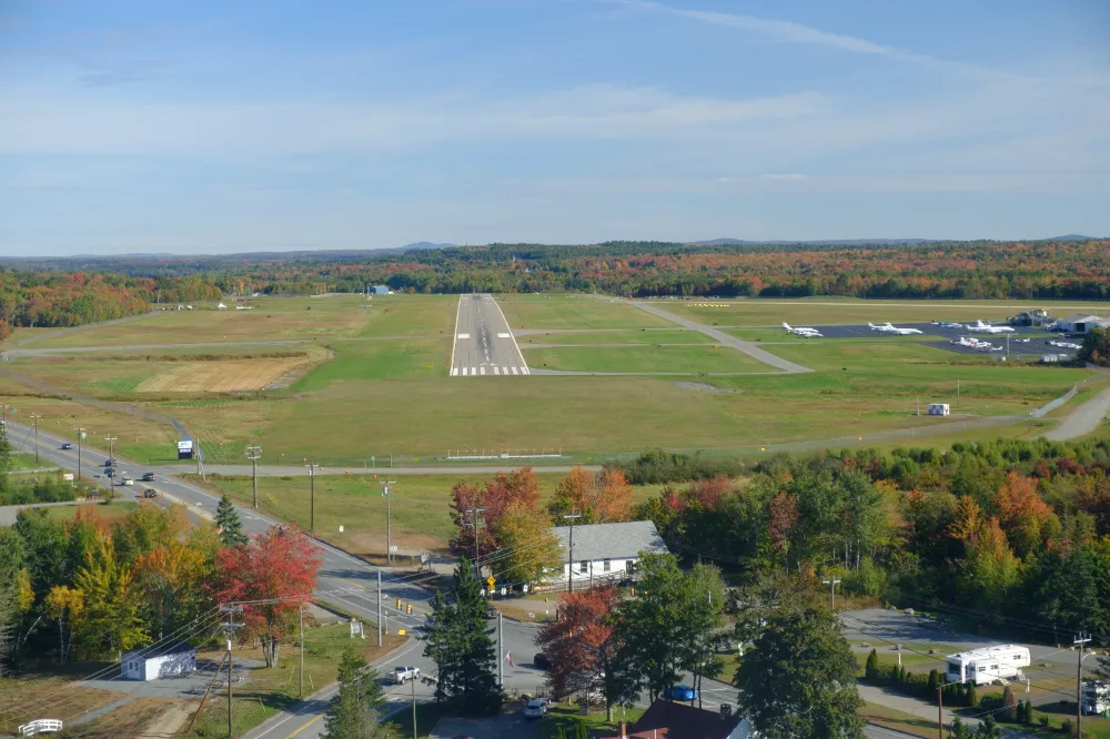 Aerial view of Trenton, Maine’s Hancock County-Bar Harbor Airport and surrounding landscape, representing Restorations Unlimited’s new construction services