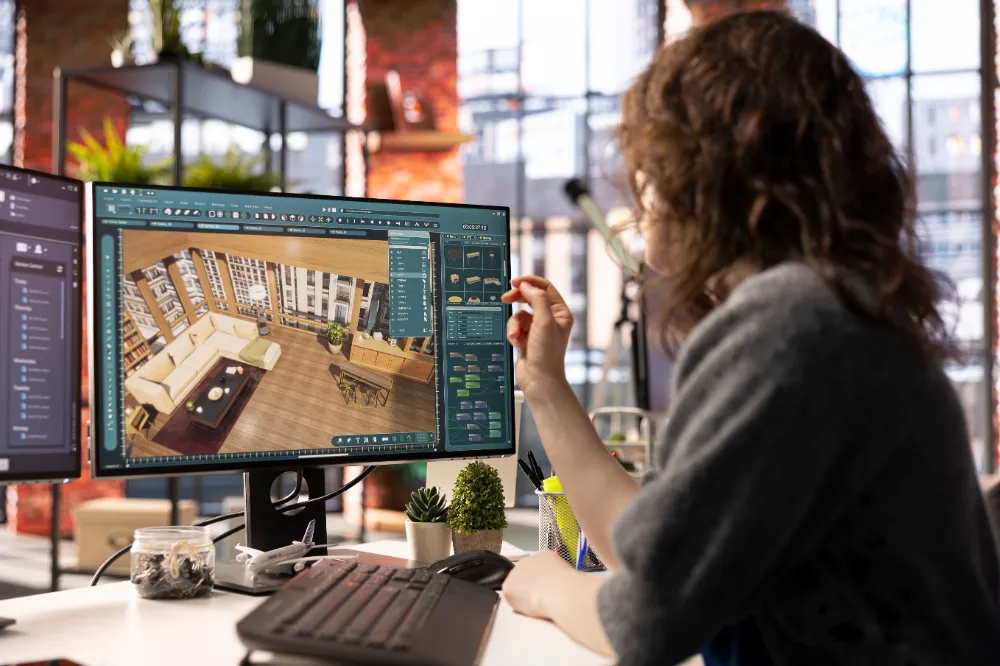 Designer working on 3D floor plans at a computer, representing the Designing phase of Restorations Unlimited’s design process