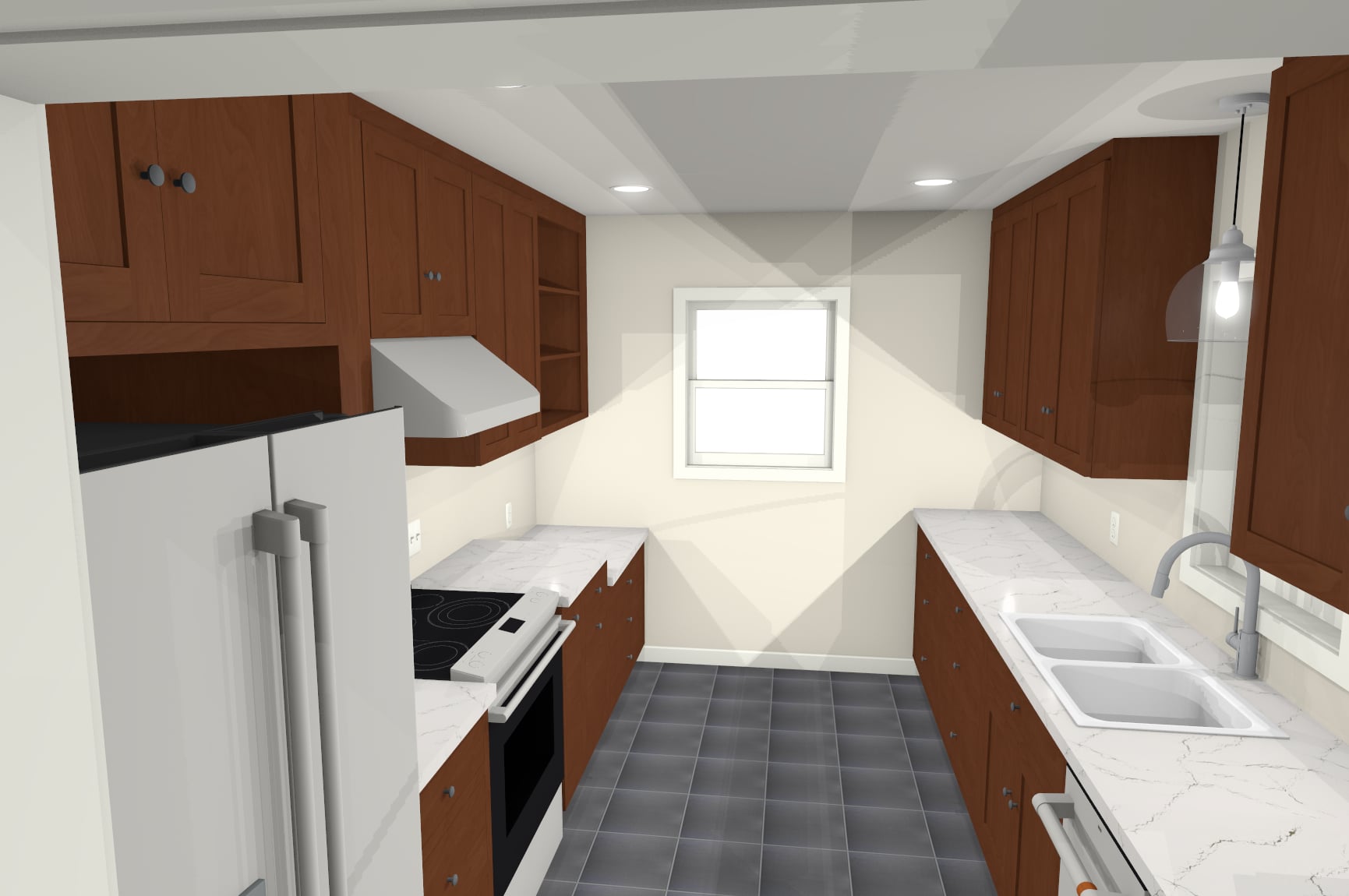 3D rendering of a kitchen design with brown cabinets and white countertops, representing the Selections phase of Restorations Unlimited’s design process