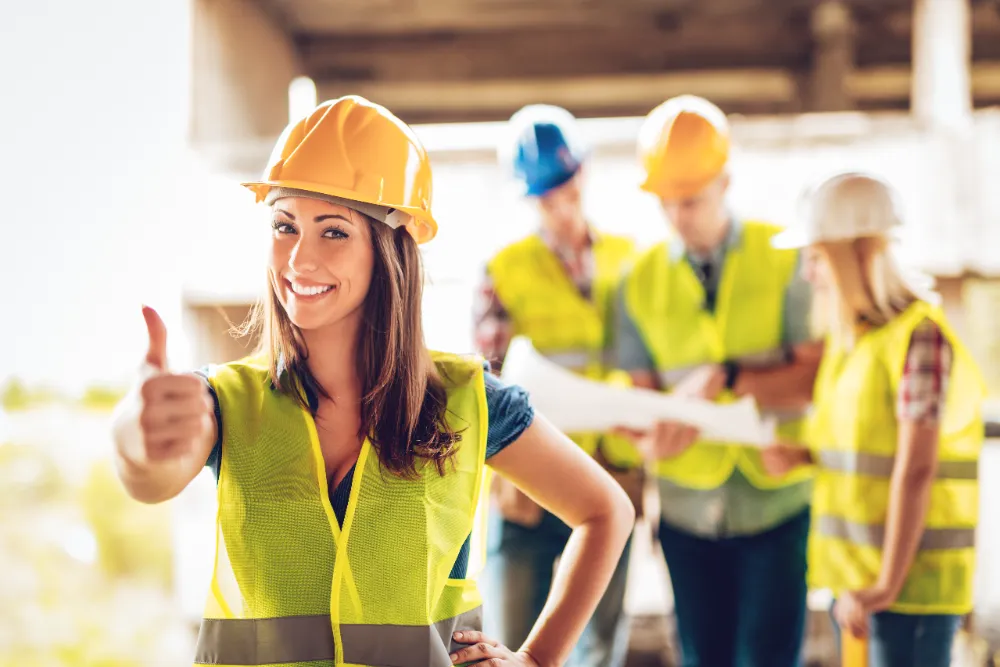Female construction worker in a yellow safety vest and hard hat giving a thumbs-up with a smiling crew behind her, symbolizing strong planning and teamwork before starting a renovation project.