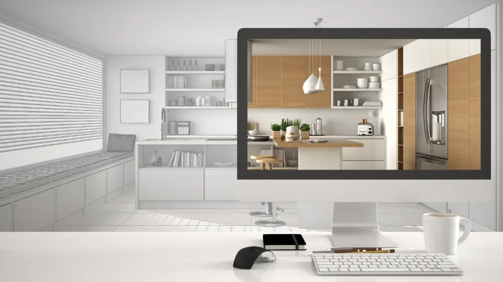 Computer screen displaying a 3D kitchen design rendering—illustrating Restorations Unlimited’s CAD design process that transforms ideas into practical, build-ready plans for homeowners.